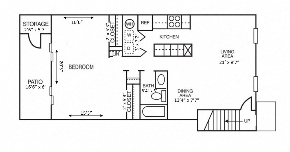 Floor plan for 1 bed, 1 bath, 825 sqft